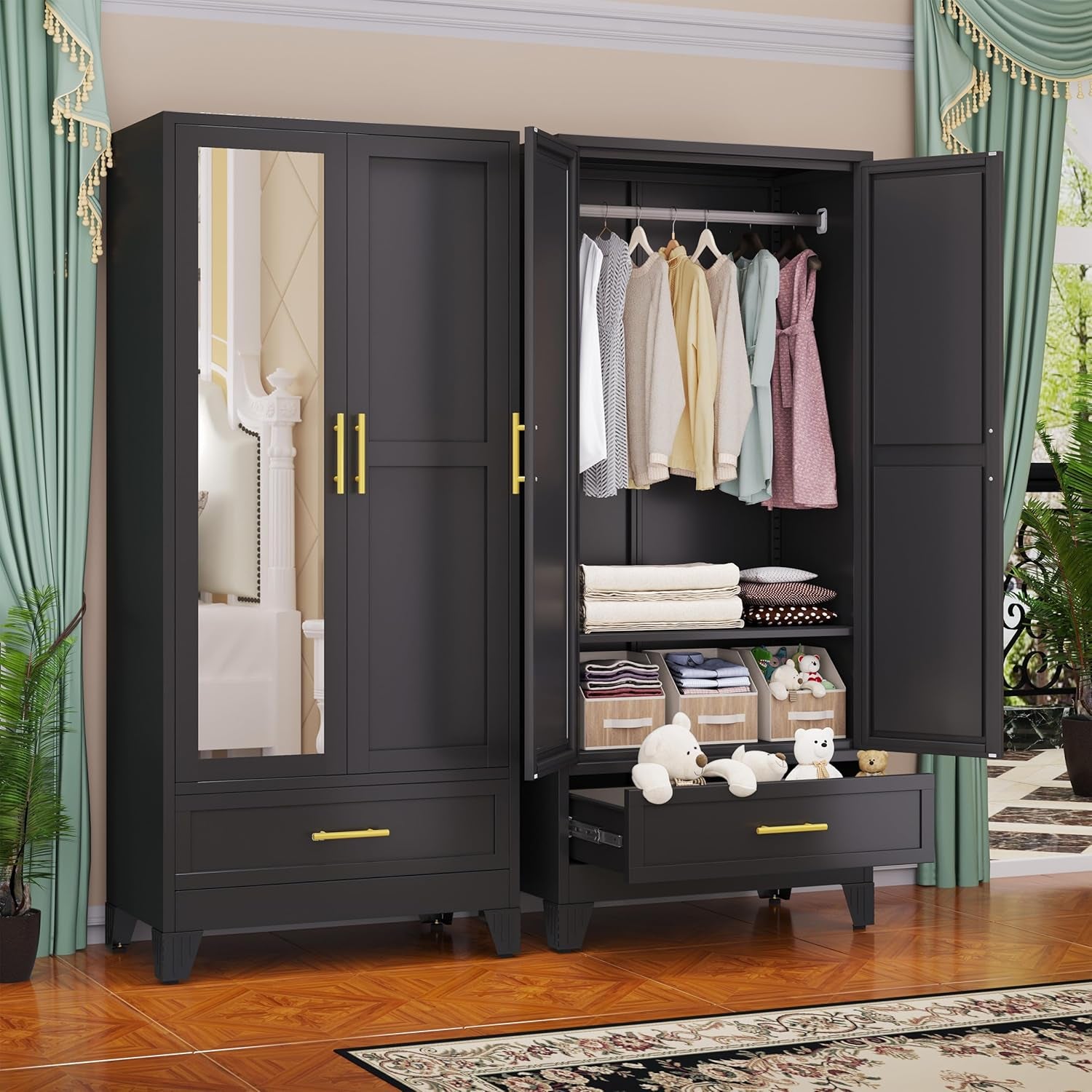 Front view of matching black cabinets, left with full-length mirror, right open showing hanging garments, shelf with