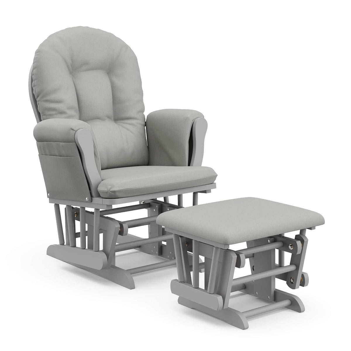 Angled shot of the glider paired with a matching gray cushioned ottoman on a white wooden base.