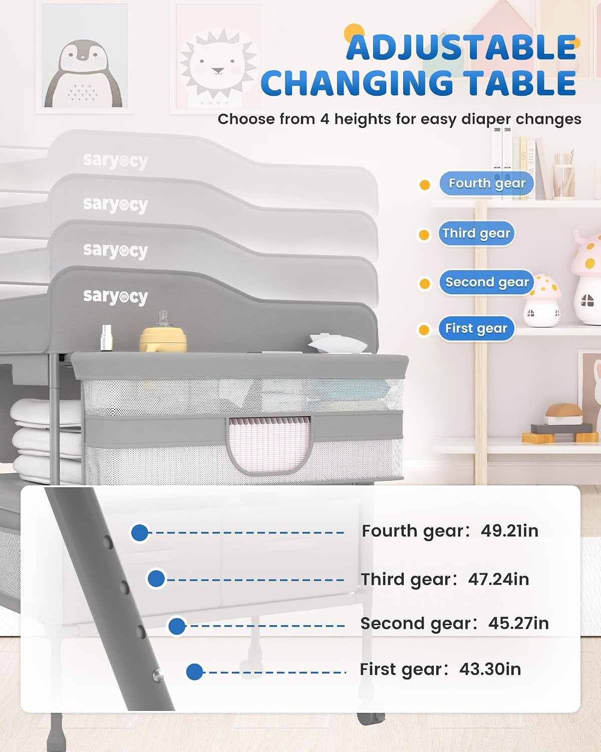 Graphic showing the changing table at four adjustable heights with labeled first to fourth gear positions.
