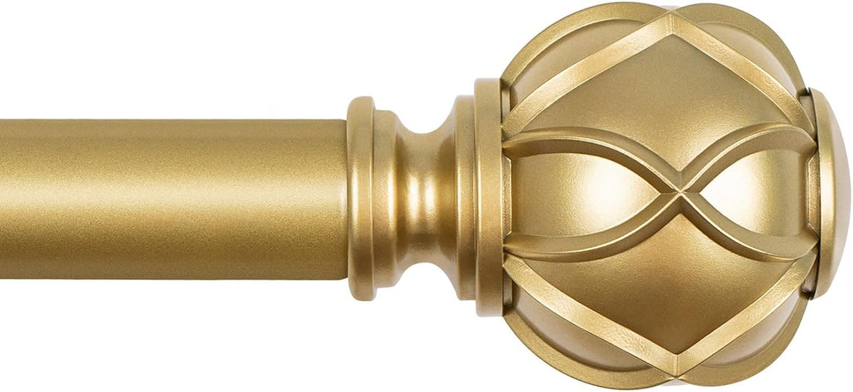 Close-up side view of a gold decorative spherical finial and rod section