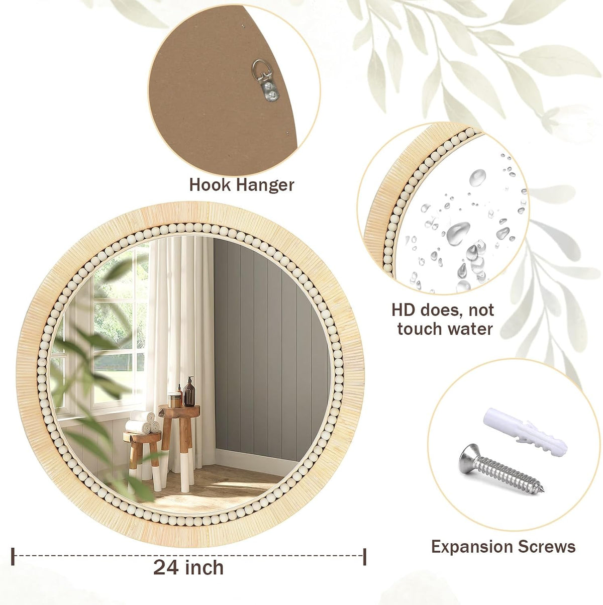 Graphic collage showing the mirror's back D‑ring hanger, wooden bead trim, and expansion screw hardware