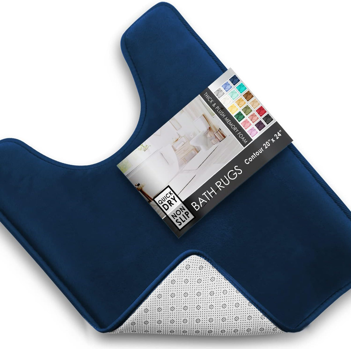 Navy contour bath mat folded to show the white dotted non-slip backing and packaging label.