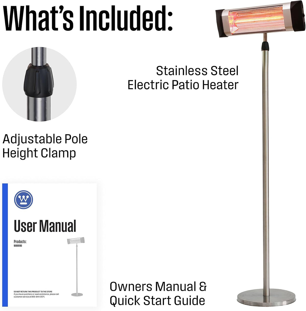 Full product shown on white background with adjustable pole clamp and user manual laid out