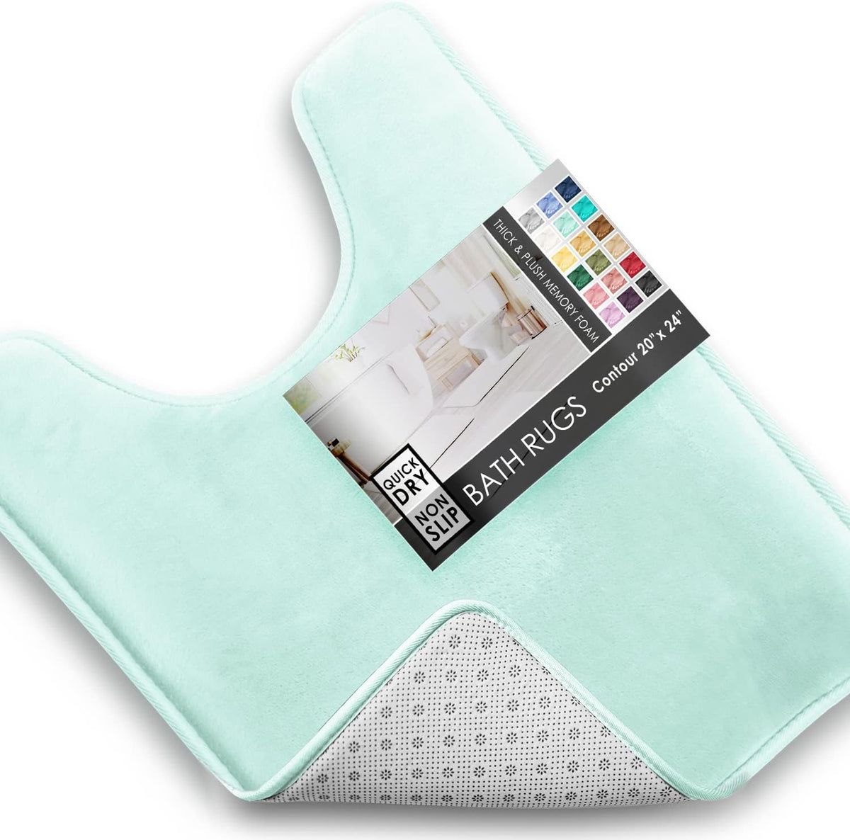 Close-up angled view of a mint contour bath mat showing the plush top and non-slip dotted backing.