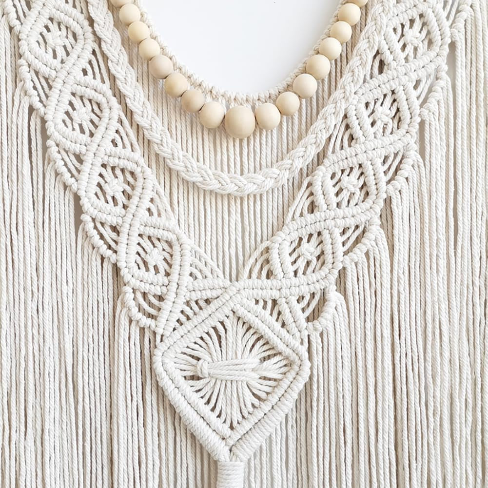 Close-up of intricate diamond knots and wooden beads on macrame wall decor