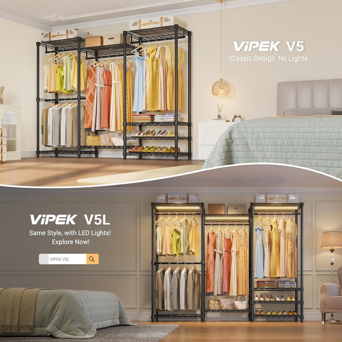 Bedroom scene showing three connected black wardrobe units with hanging clothes, shelves and bedside furniture