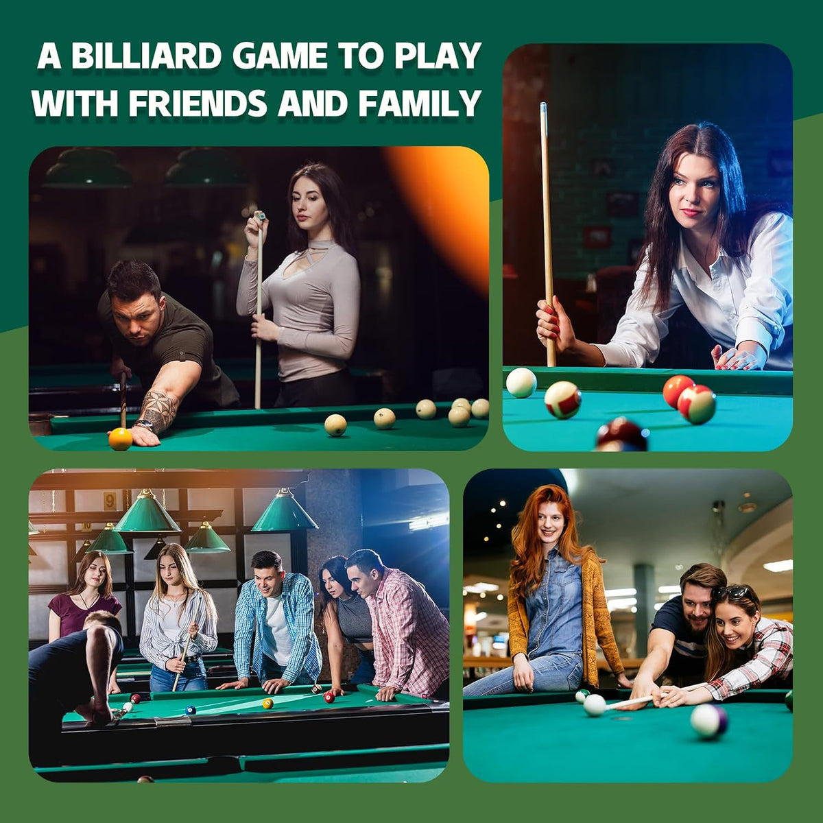 Collage of people playing billiards: individual shots and small groups gathered around pool tables having fun.