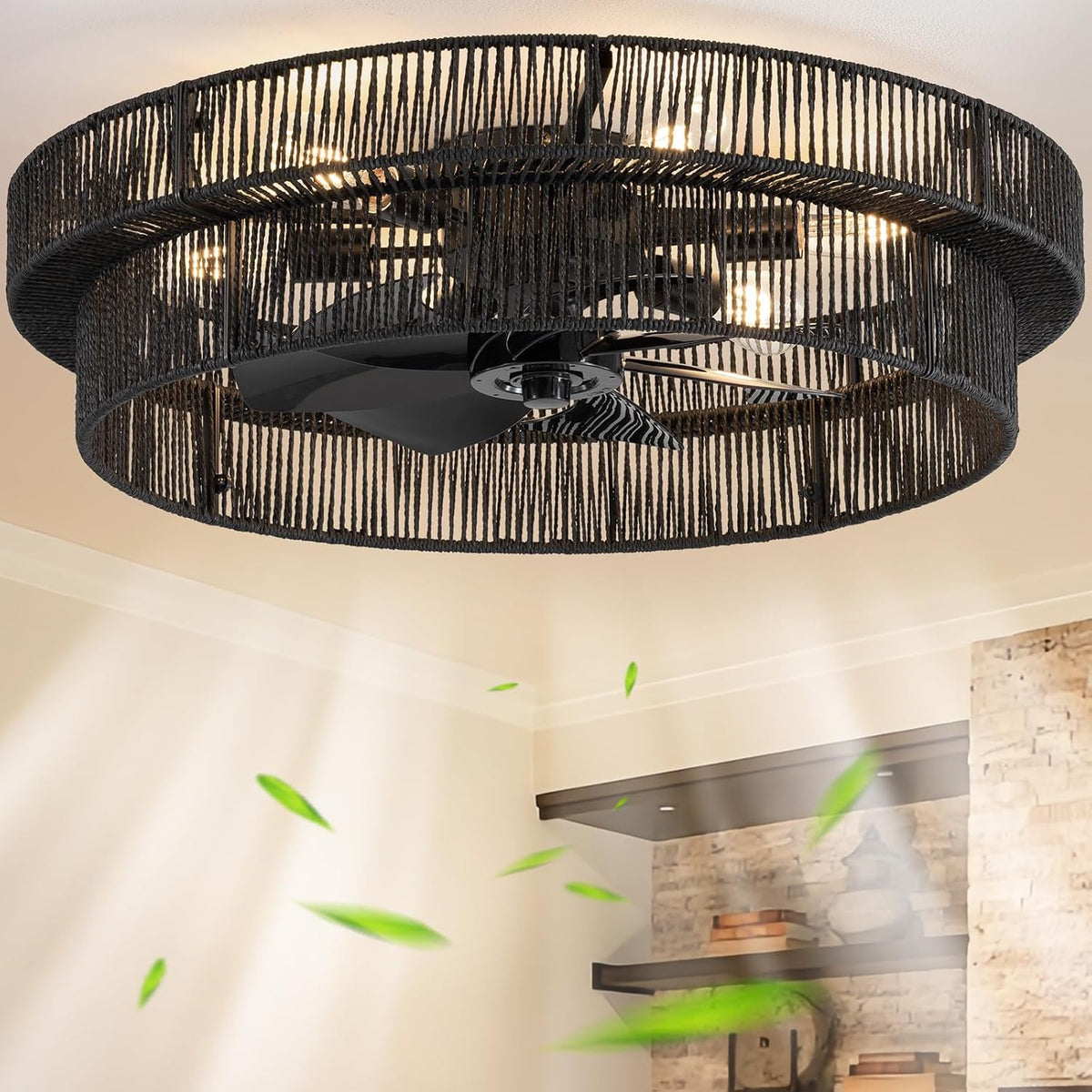 Black rattan caged ceiling fan installed on a ceiling with shelves and decorative stone wall nearby.