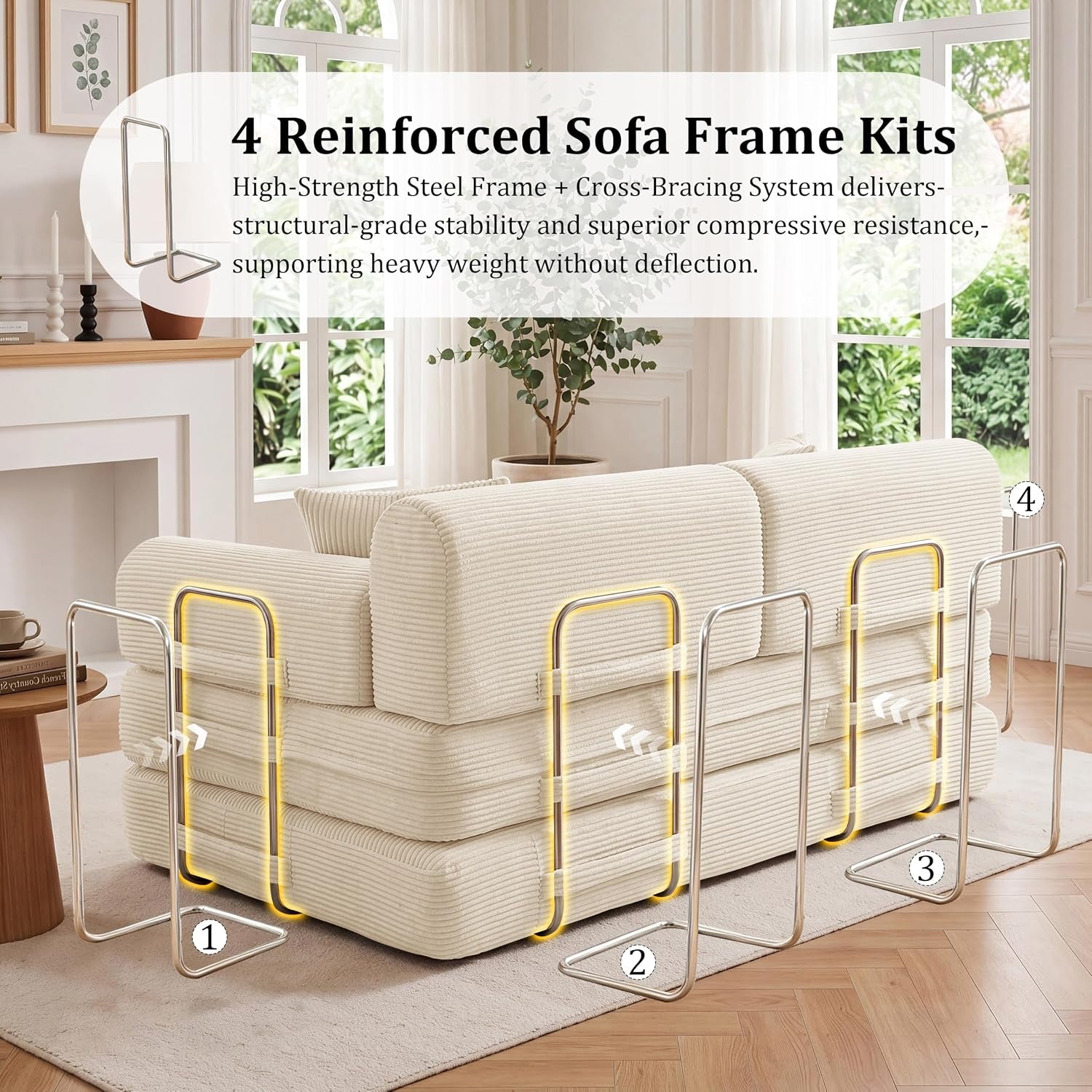 Rear three-quarter view of the beige loveseat showing multiple upright metal frame supports highlighted behind cushions