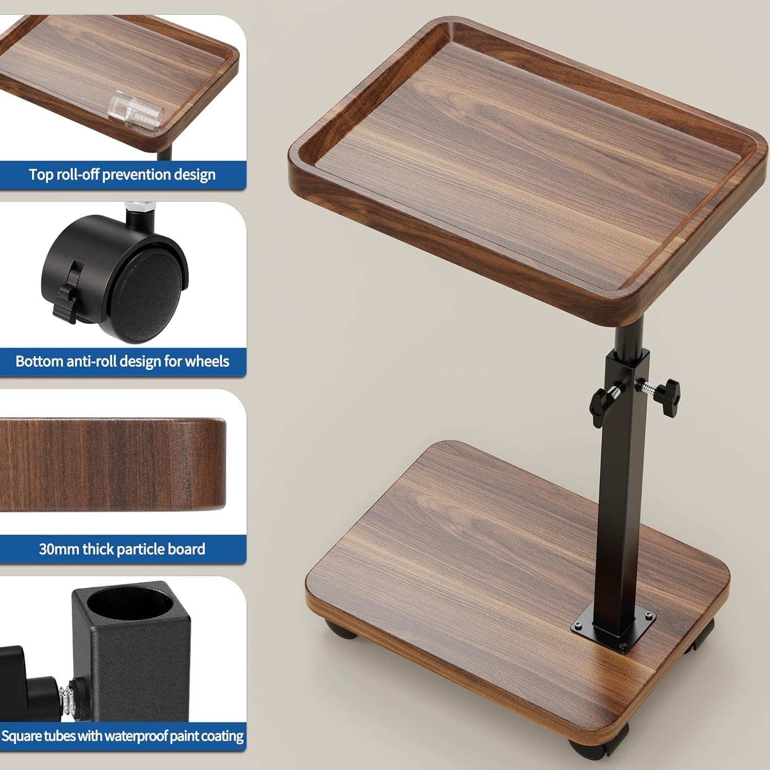 Top-down view of the walnut tabletop and base showing 30mm thick particle board and square steel tube support