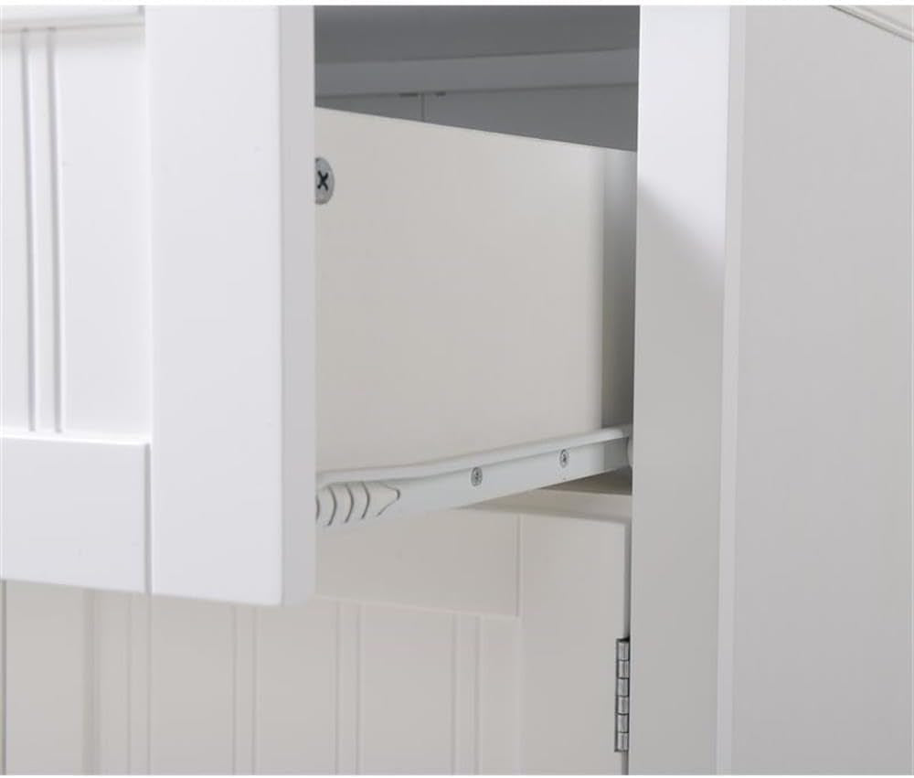Interior side view showing a drawer partially open on a metal slide and cabinet hinge.