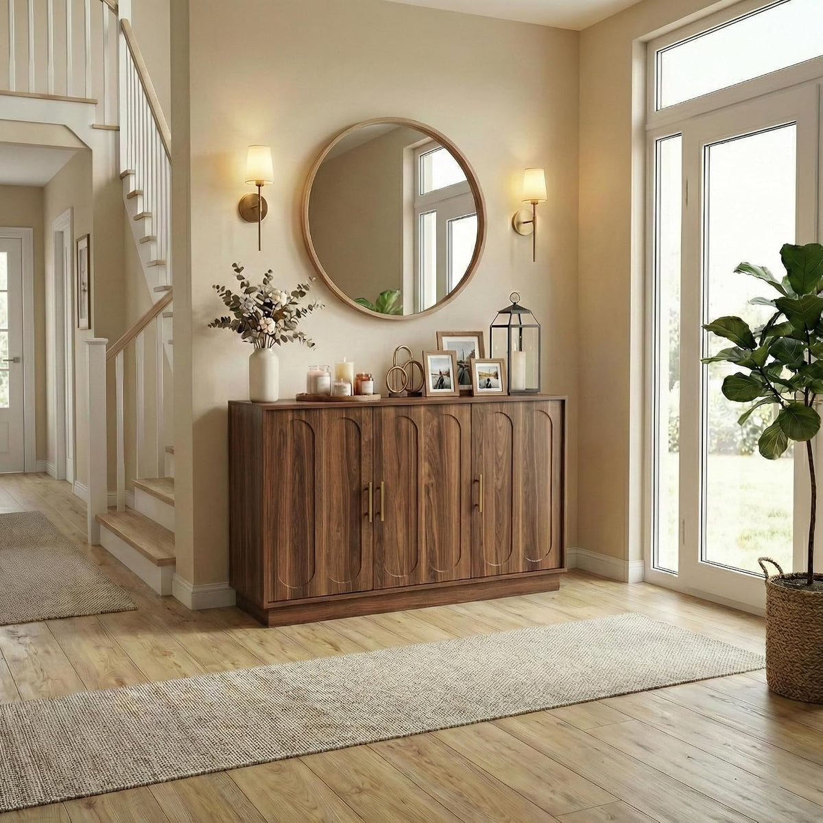 Entryway vignette with the wood credenza under a round mirror, candles and frames on top