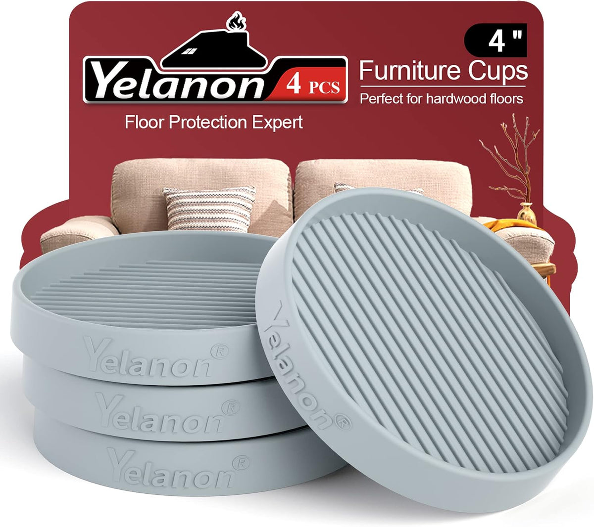 Stack of four round gray ribbed furniture pads shown in front of red product backing