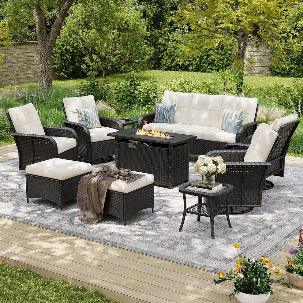 Beige-cushioned wicker patio set with 44" fire pit table shown on a deck, angled front view