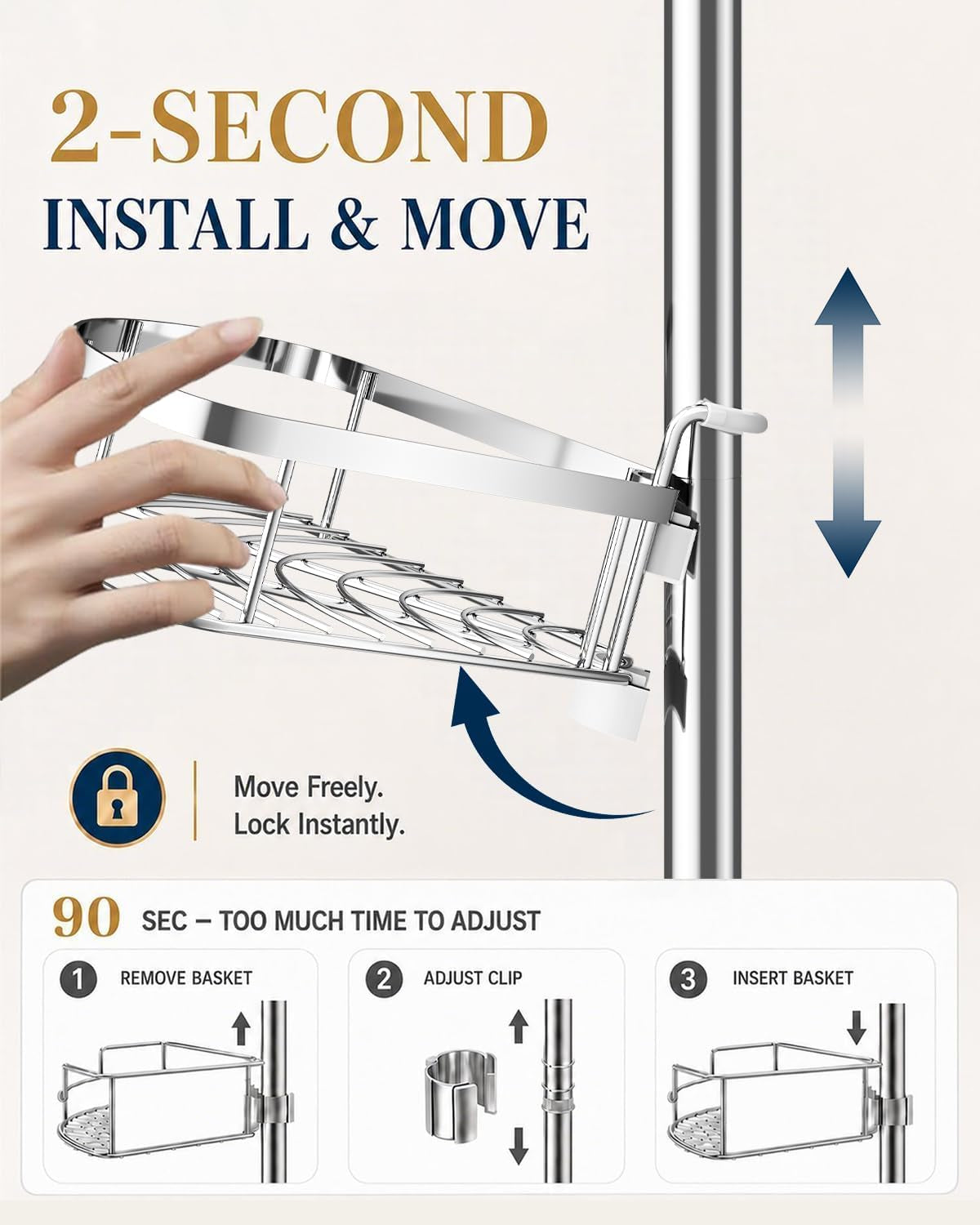 Hand adjusting a rounded wire basket on the pole with a graphic illustrating tool-free movable clip and vertical adjustment