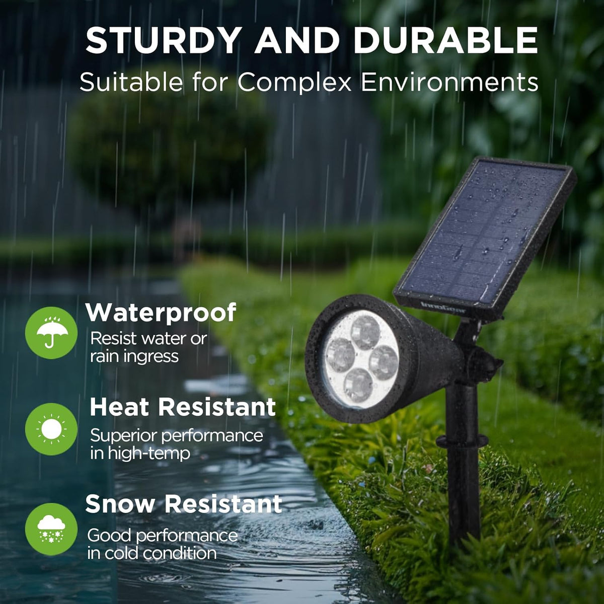 Black solar spotlight on wet grass with rain, showing icons for waterproof, heat resistant and snow resistant