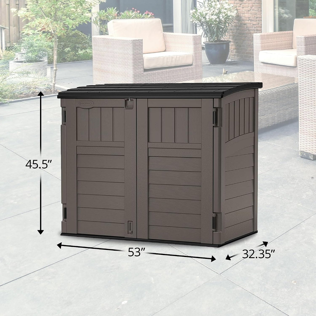 Low-profile resin storage shed on patio with overlaid arrows showing footprint and height measurements