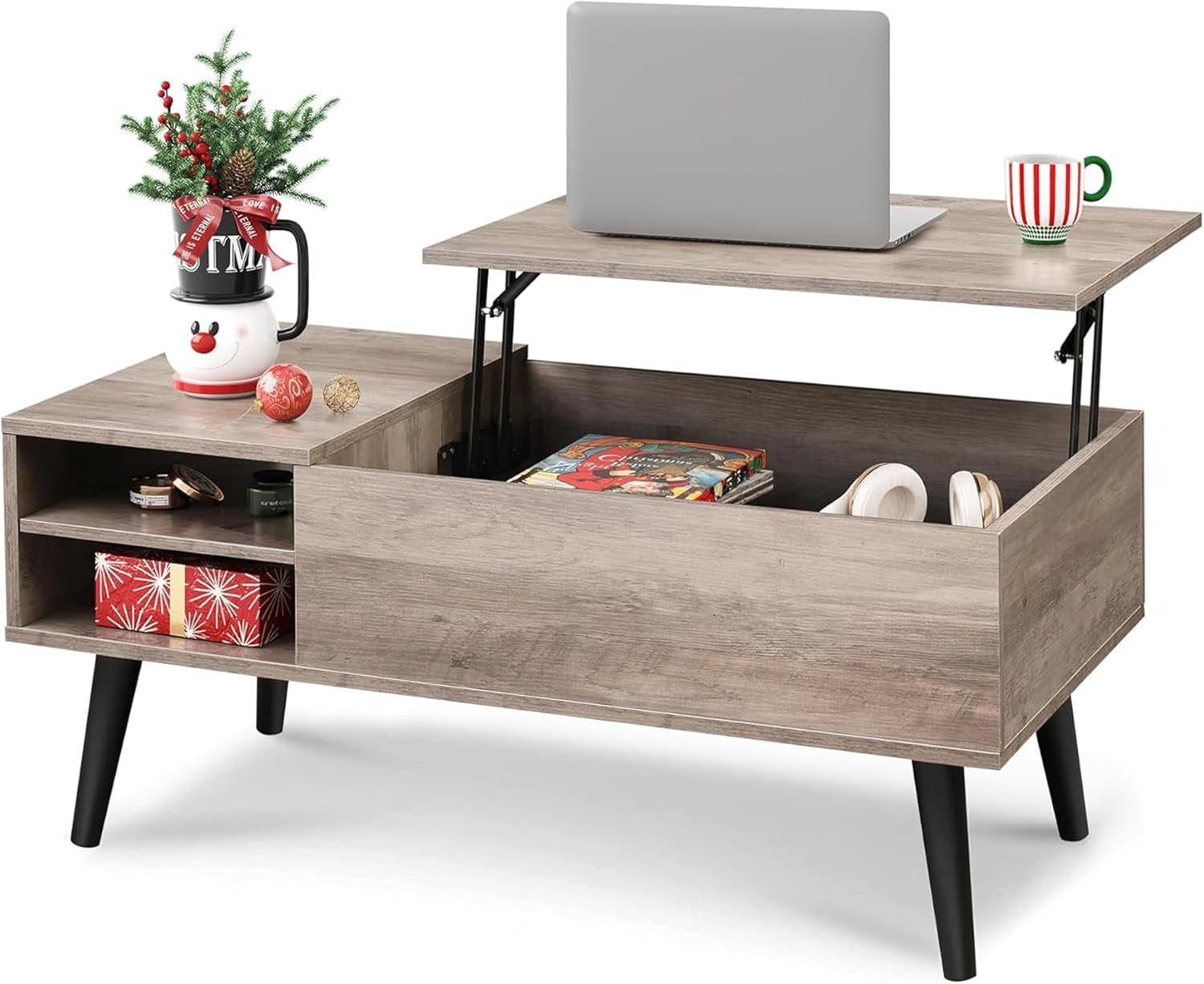 Three-quarter view of a light weathered wood lift-top coffee table with raised top, open storage box, cubby shelves and