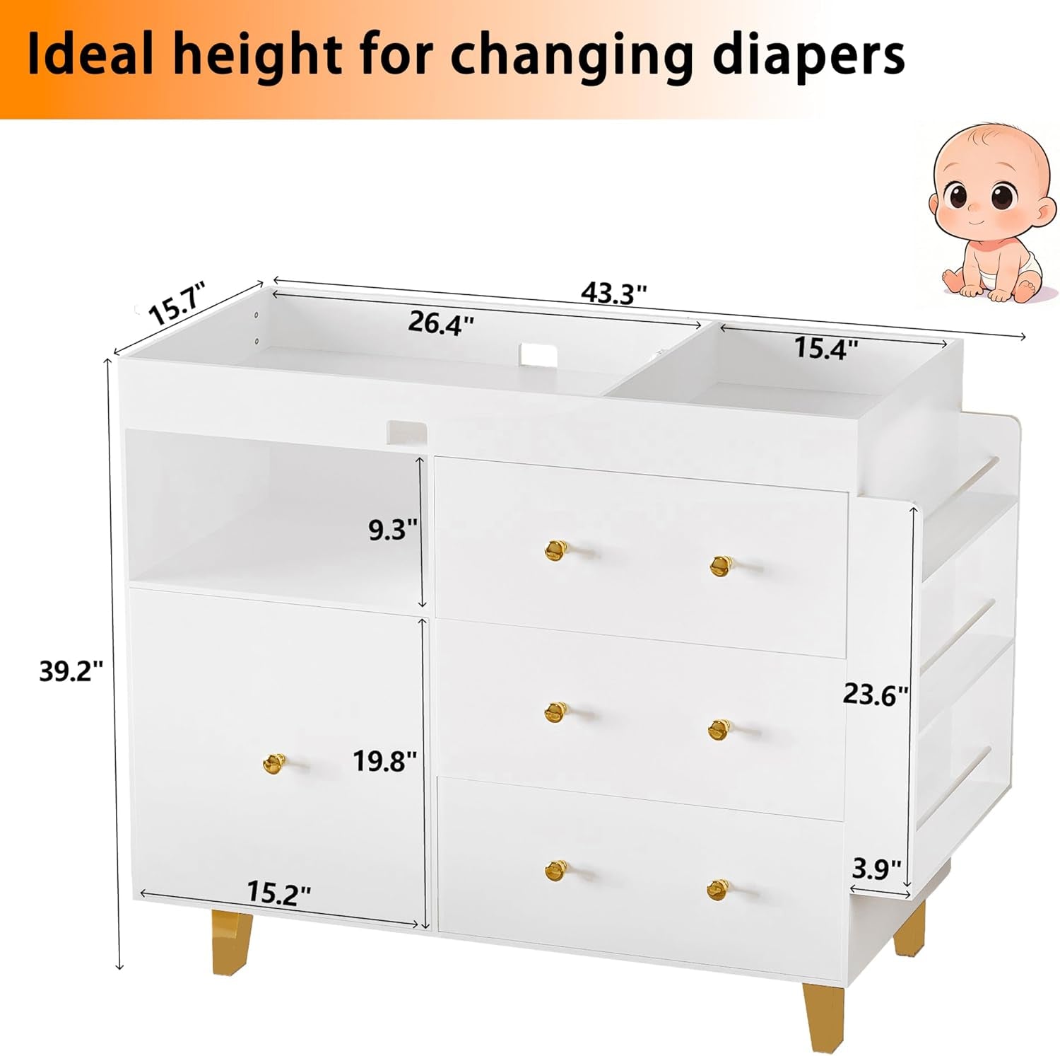White changing dresser shown with printed dimensional measurements and a small baby illustration