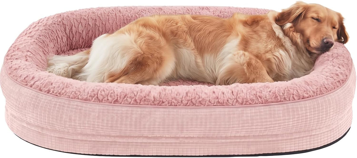 Golden retriever sleeping in a pink oval bolster dog bed.