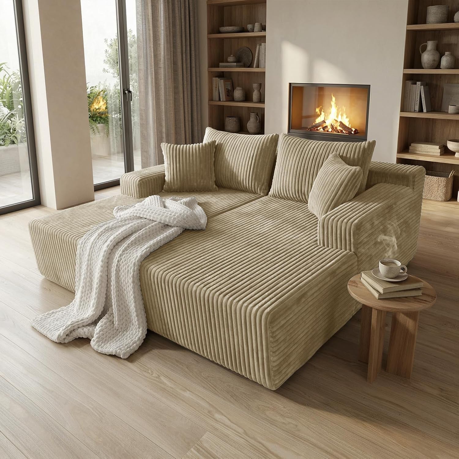 Beige ribbed chaise lounge laid flat in a sunlit living room with a small wooden side table and fireplace.
