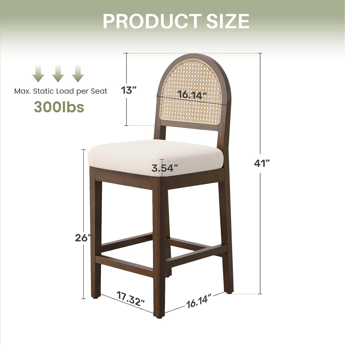 Single counter-height stool with cane back and white chenille seat shown with a printed dimension overlay