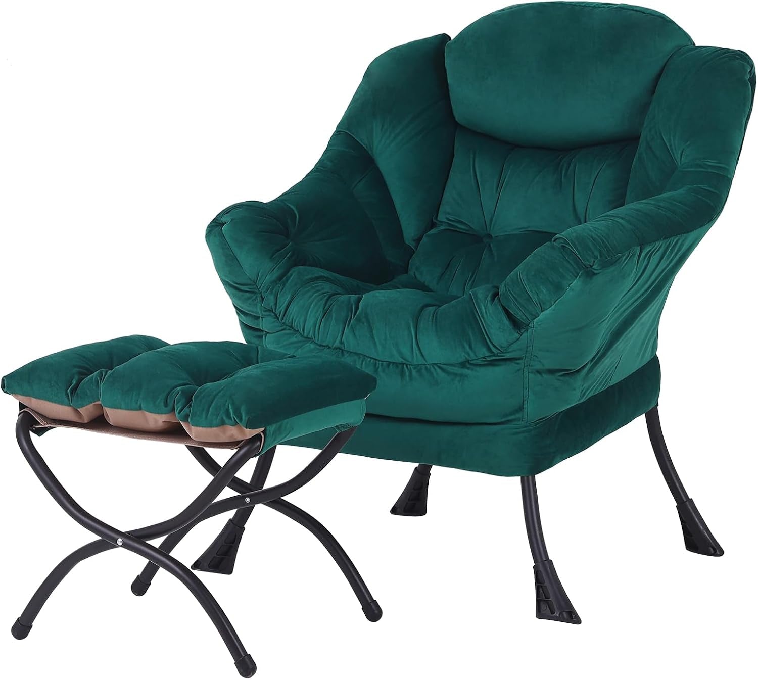 Deep green tufted lounge chair with cushioned ottoman and black X-shaped metal frame.