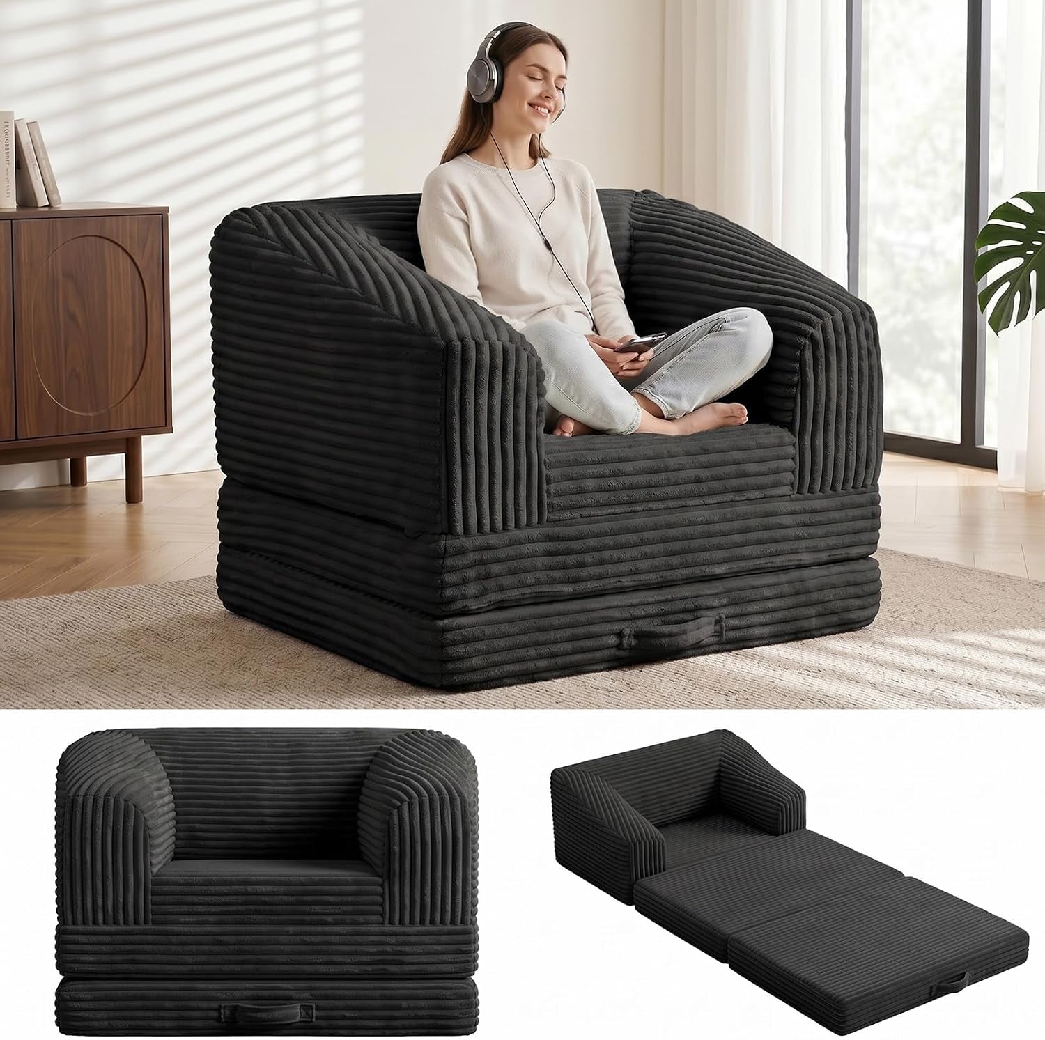 Woman seated cross-legged on a dark ribbed corduroy foldable loveseat in a sunlit living room; two smaller images below show
