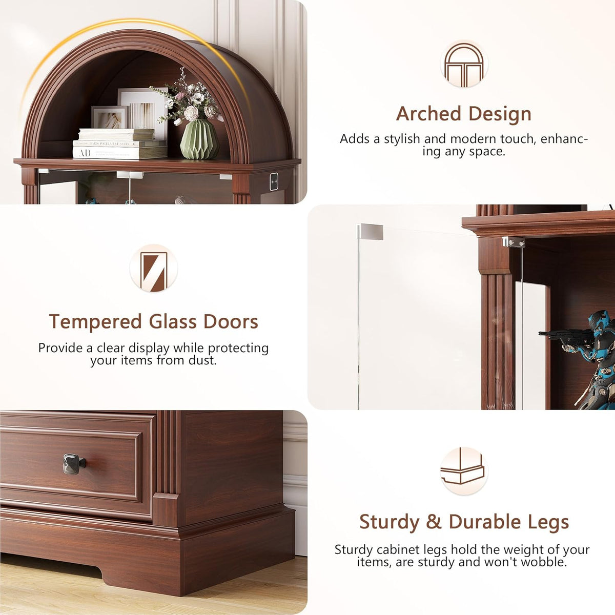 Feature collage showing the arched design, tempered glass doors and sturdy base with a lower storage drawer