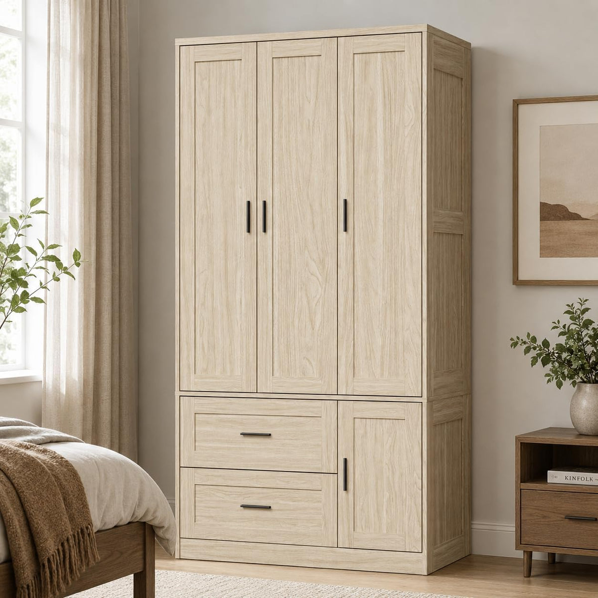 Full-height wardrobe in a light wood finish shown in a bedroom beside a nightstand and potted plant.