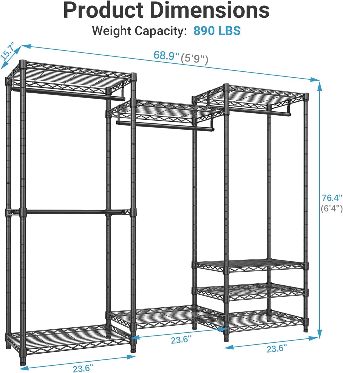 Illustrated multi-section freestanding metal closet system with arrows showing height and width dimensions.
