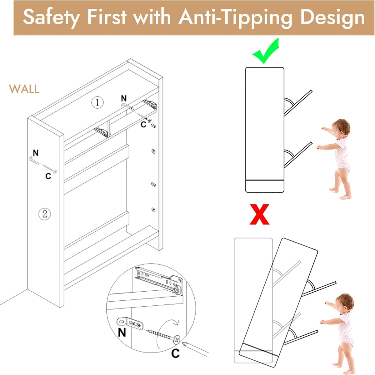 Line diagram showing anti-tipping wall anchor placement and a caution illustration with a child beside the cabinet.