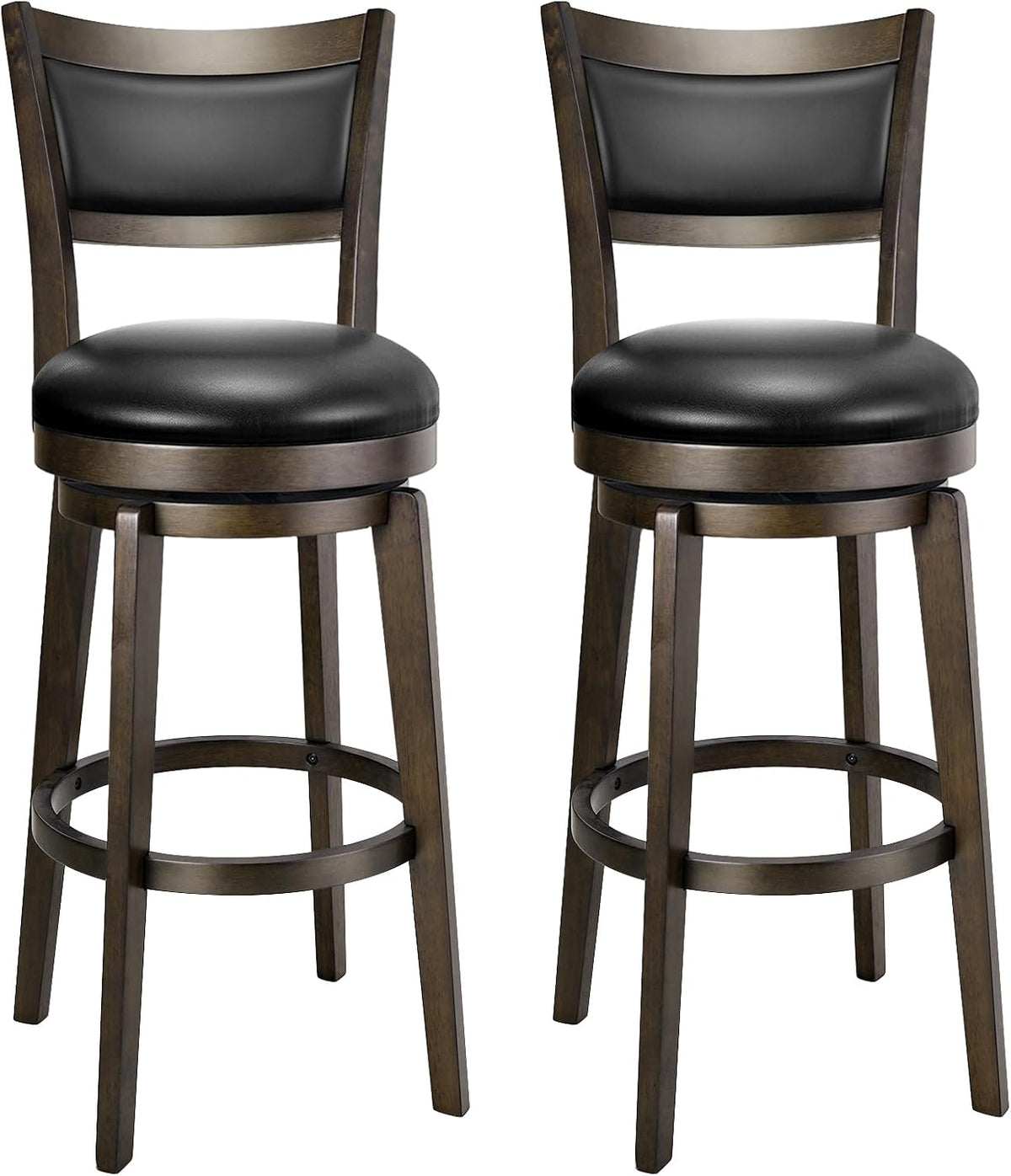Two black faux leather swivel stools with rubberwood frames, front view on a white background