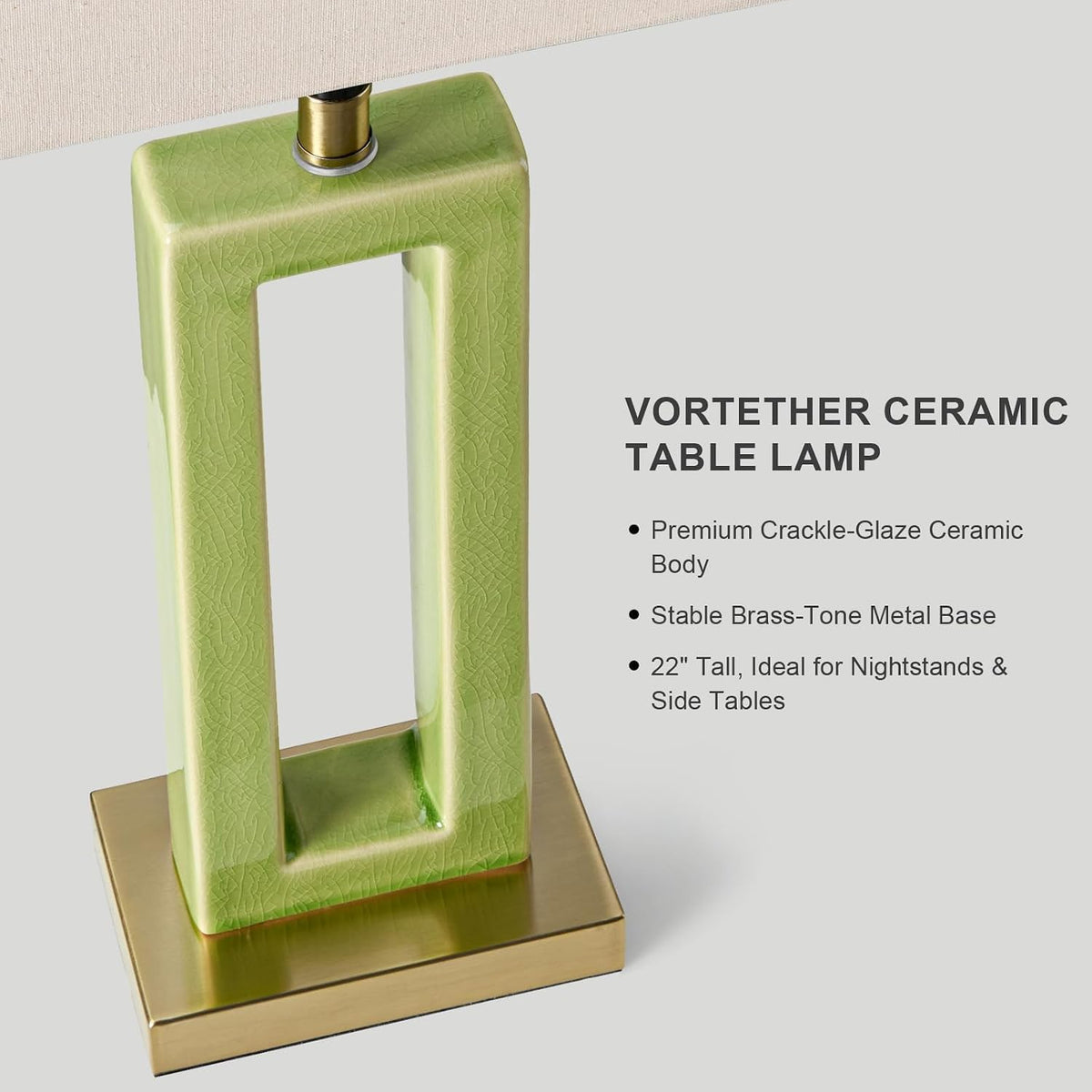 Close-up of green crackle-glaze hollow rectangular ceramic lamp body seated on a brass-tone square metal base