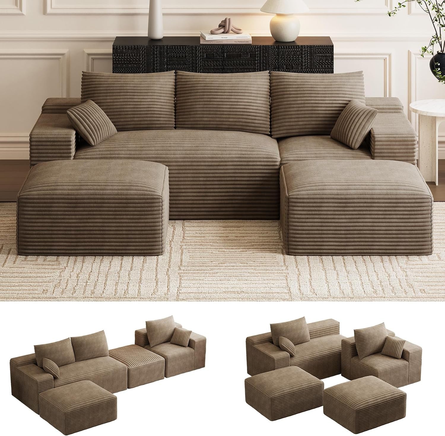 ONEMMLION 96" L-Shaped Cloud Boneless Couch Sofa with Chaise, Beige White | Corduroy Comfy Fluffy Modular Deep Seat Memory Foam Compressed Sectional Sofa for Living Room Oversized Left Facing Chaise