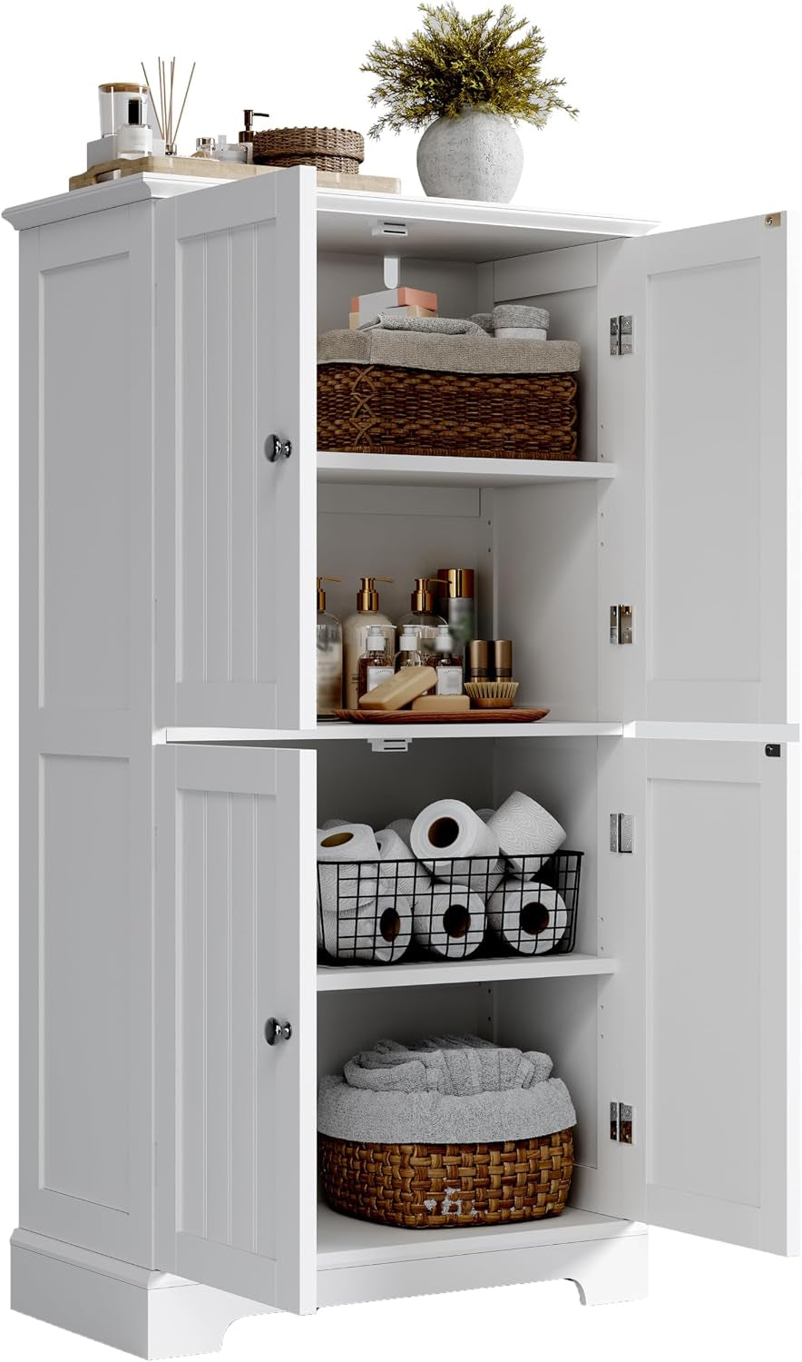 White cabinet with all four doors open revealing shelves filled with baskets, towels, toilet paper and toiletries.