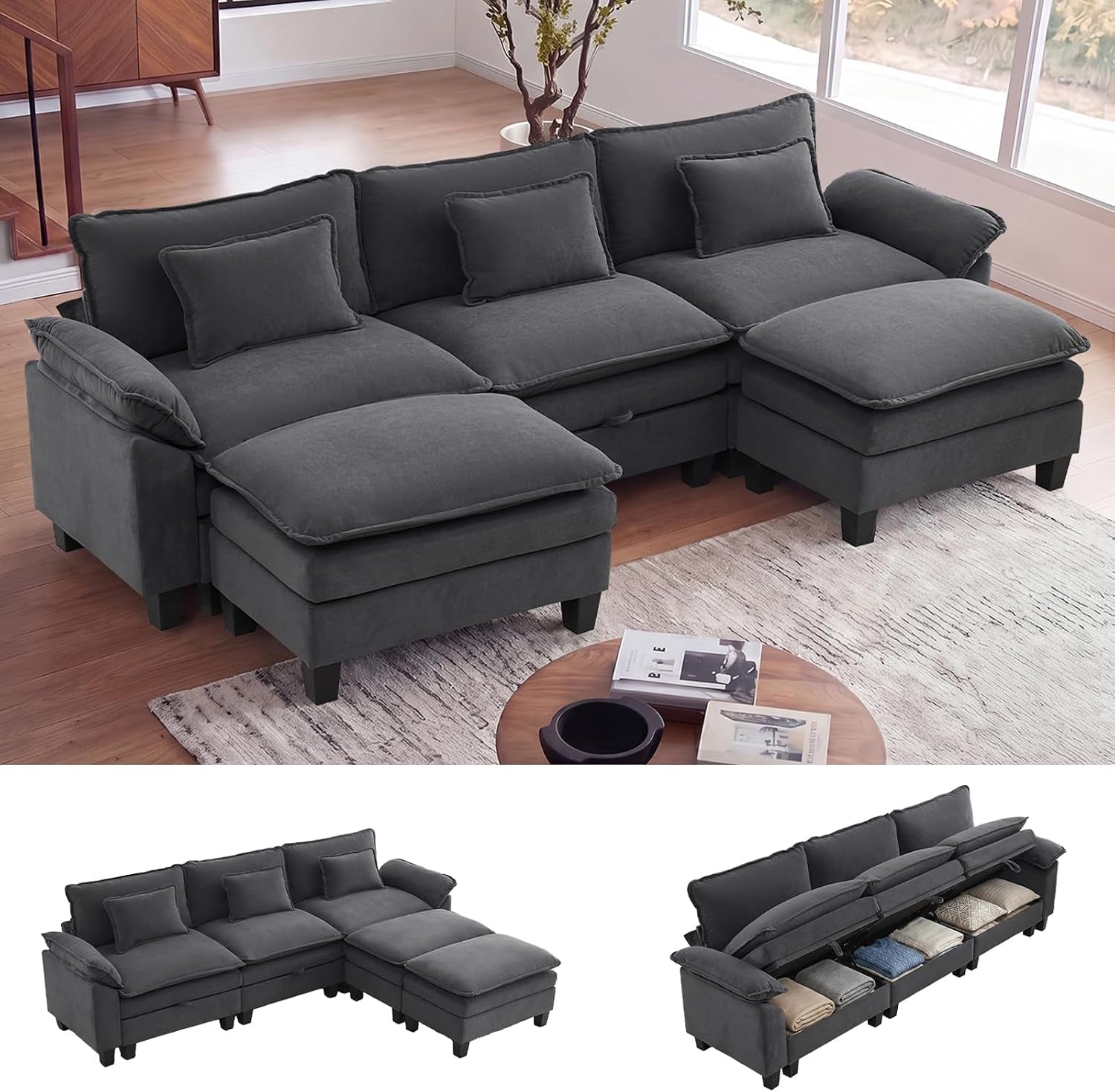 Charcoal modular sectional with ottoman in a sunlit living room, plus three small configuration thumbnails below