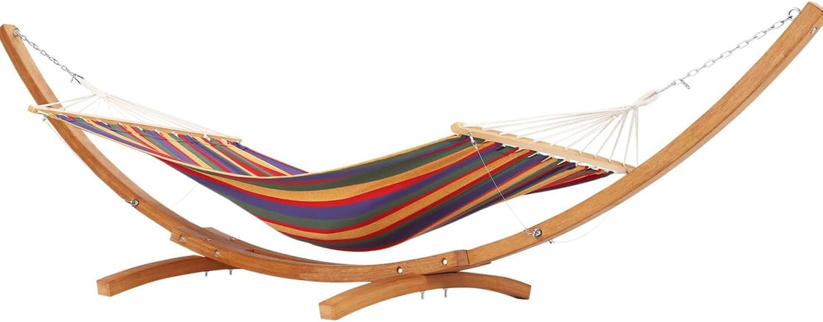 Curved wooden hammock stand with striped fabric hammock, side profile on white background