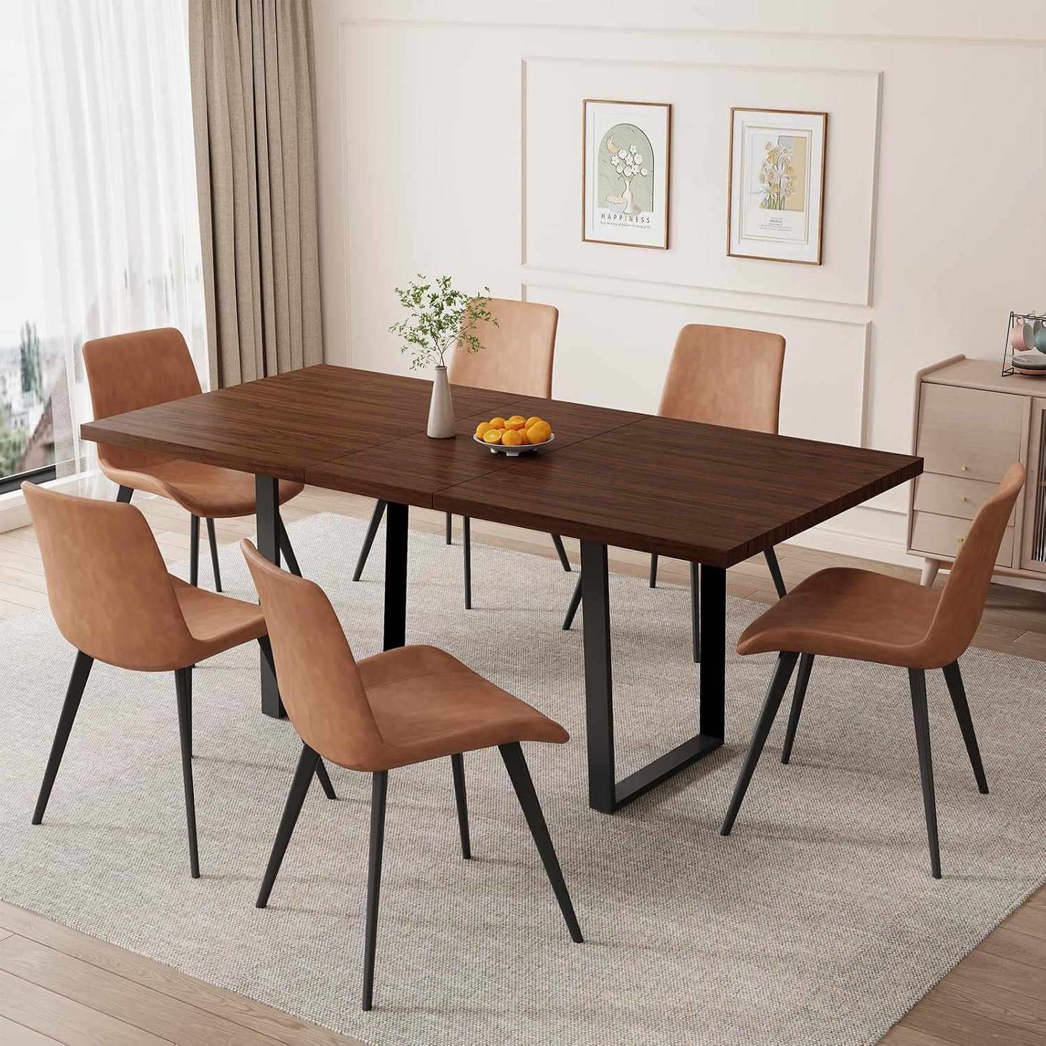Rectangular dark wood table with tan PU chairs and black metal legs in a bright dining corner.