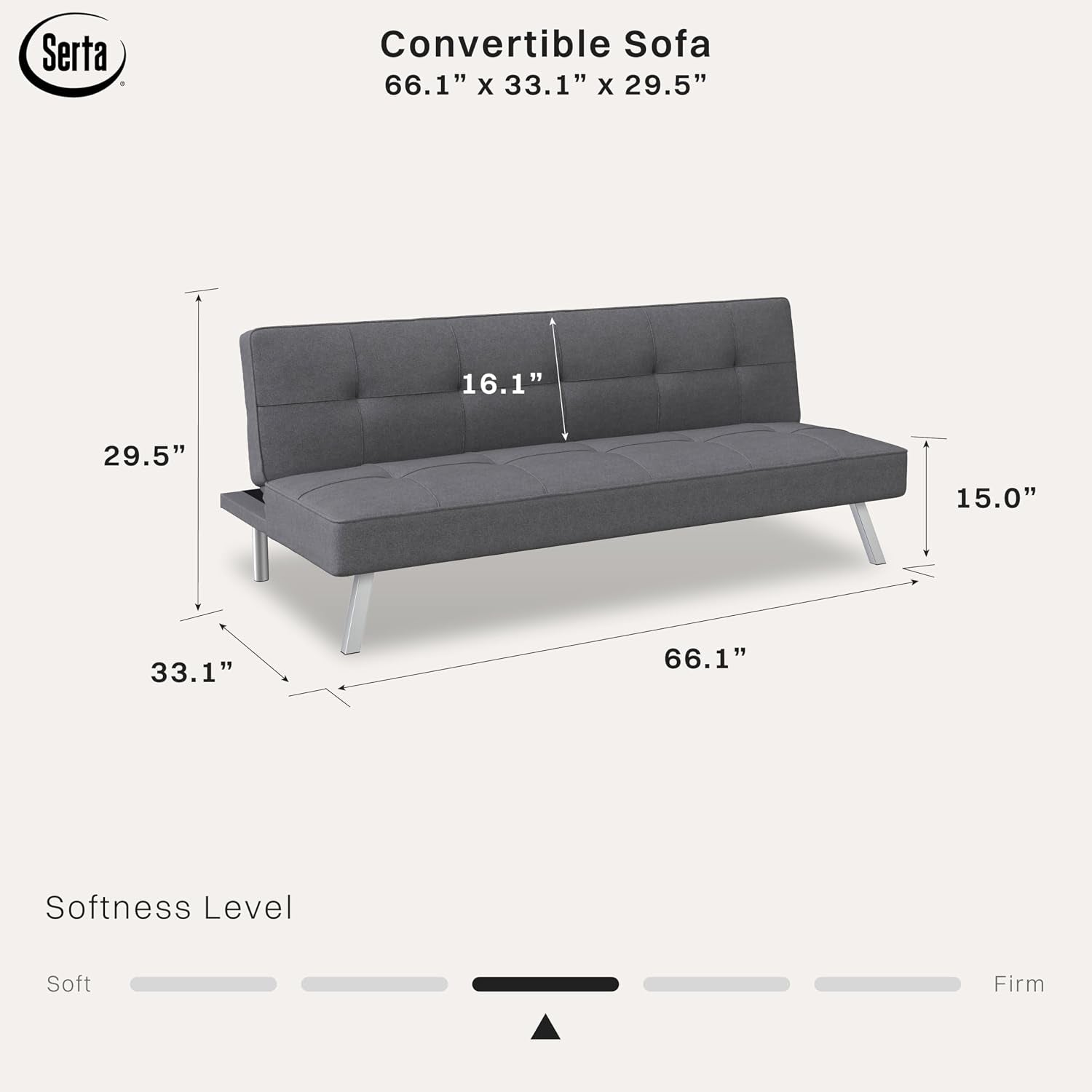 Diagram showing sofa dimensions 66.1" x 33.1" x 29.5" with charcoal upholstery and chrome legs