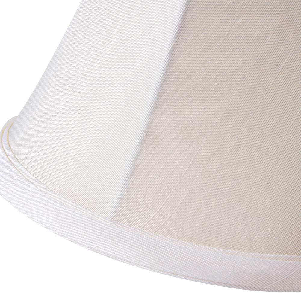 Close-up of a light linen-textured lamp shade showing stitched seams and hem detail.