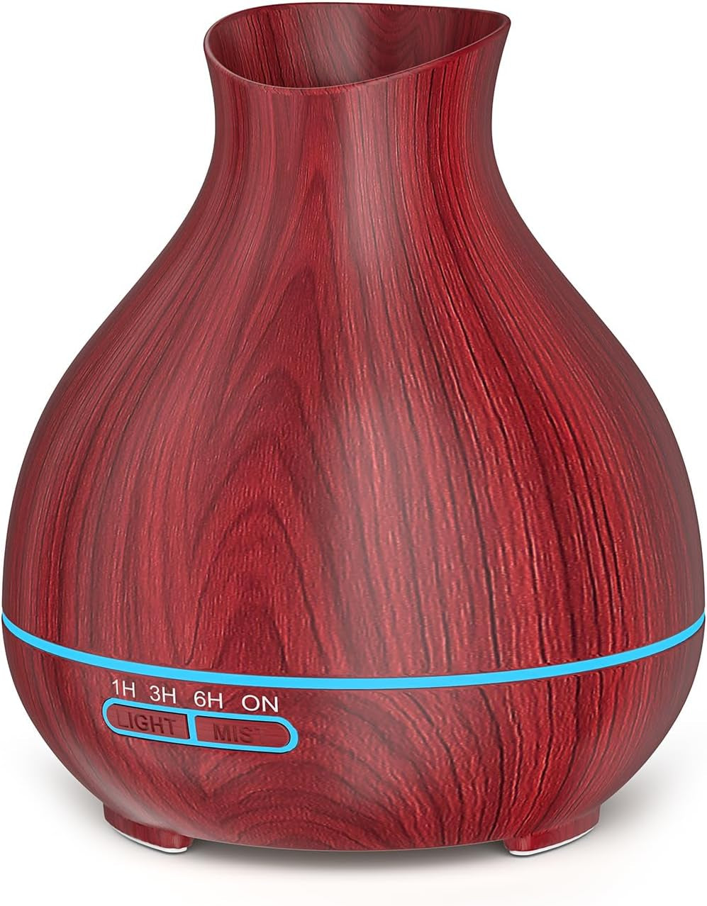 Single red wood-grain teardrop-shaped essential oil diffuser with blue LED trim, front view.