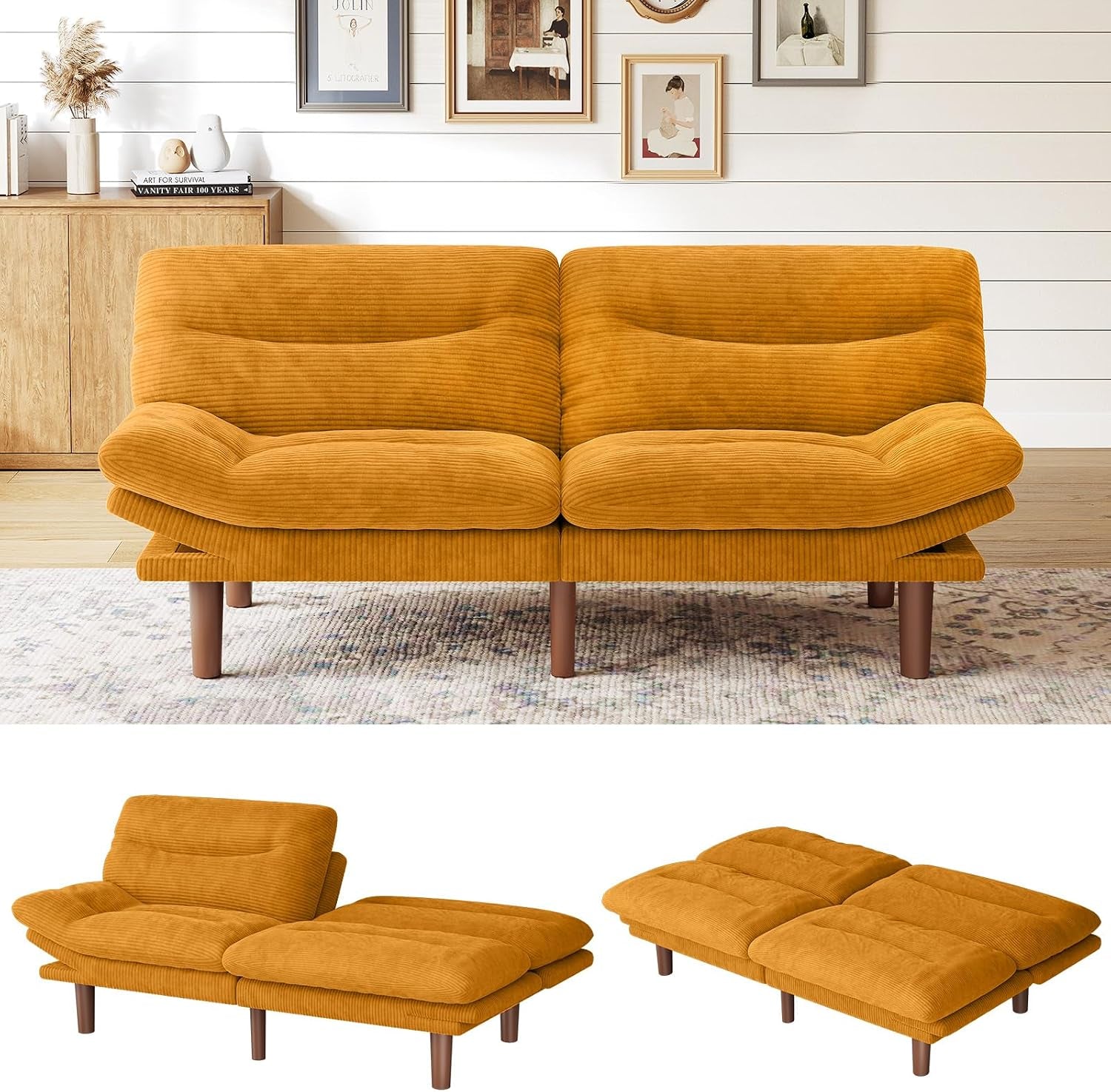Mustard corduroy futon shown upright and in two reclined/bed positions on a white background.
