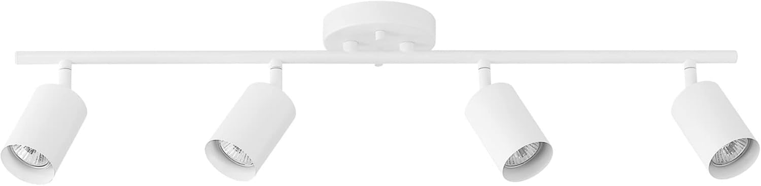 White ceiling-mounted track light with four cylindrical adjustable heads evenly spaced along a slim bar
