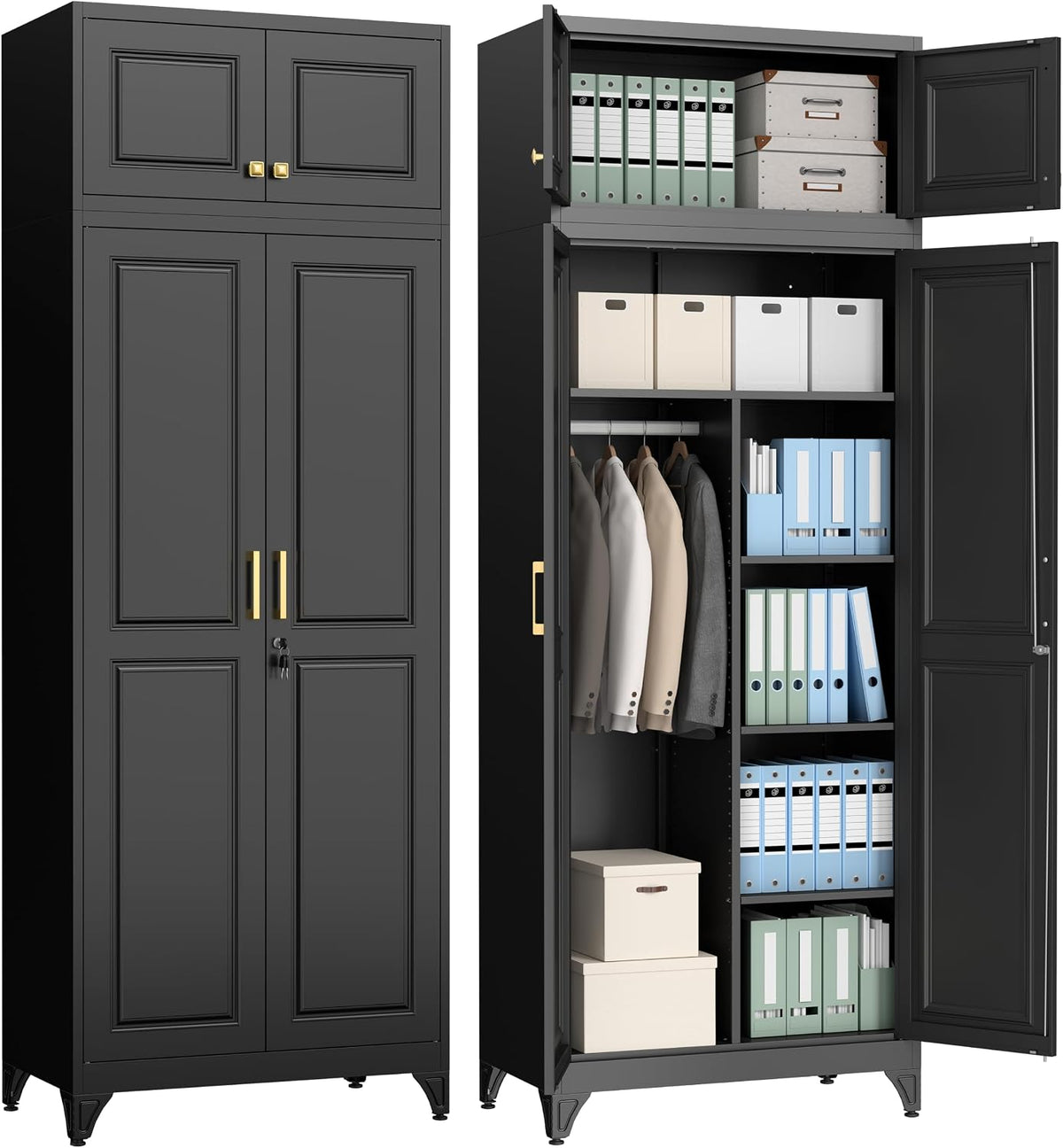 Tall metal cabinet with upper and lower compartments open, shelves stocked with boxes, binders and hanging garments.
