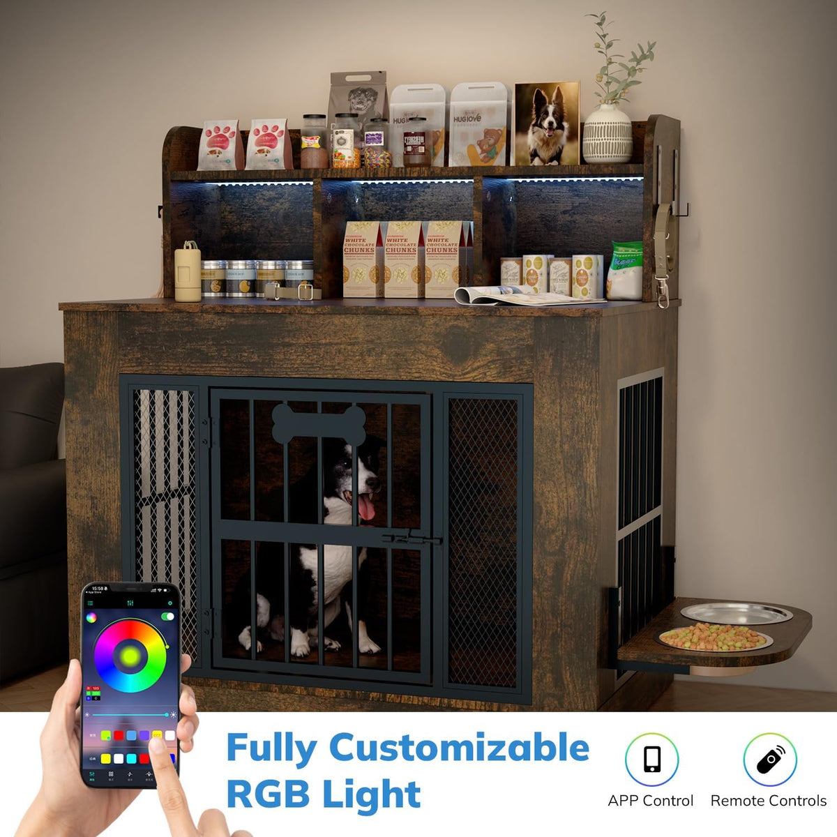 Wood-and-steel dog crate console shown with RGB accent lighting and smartphone color-wheel app in foreground