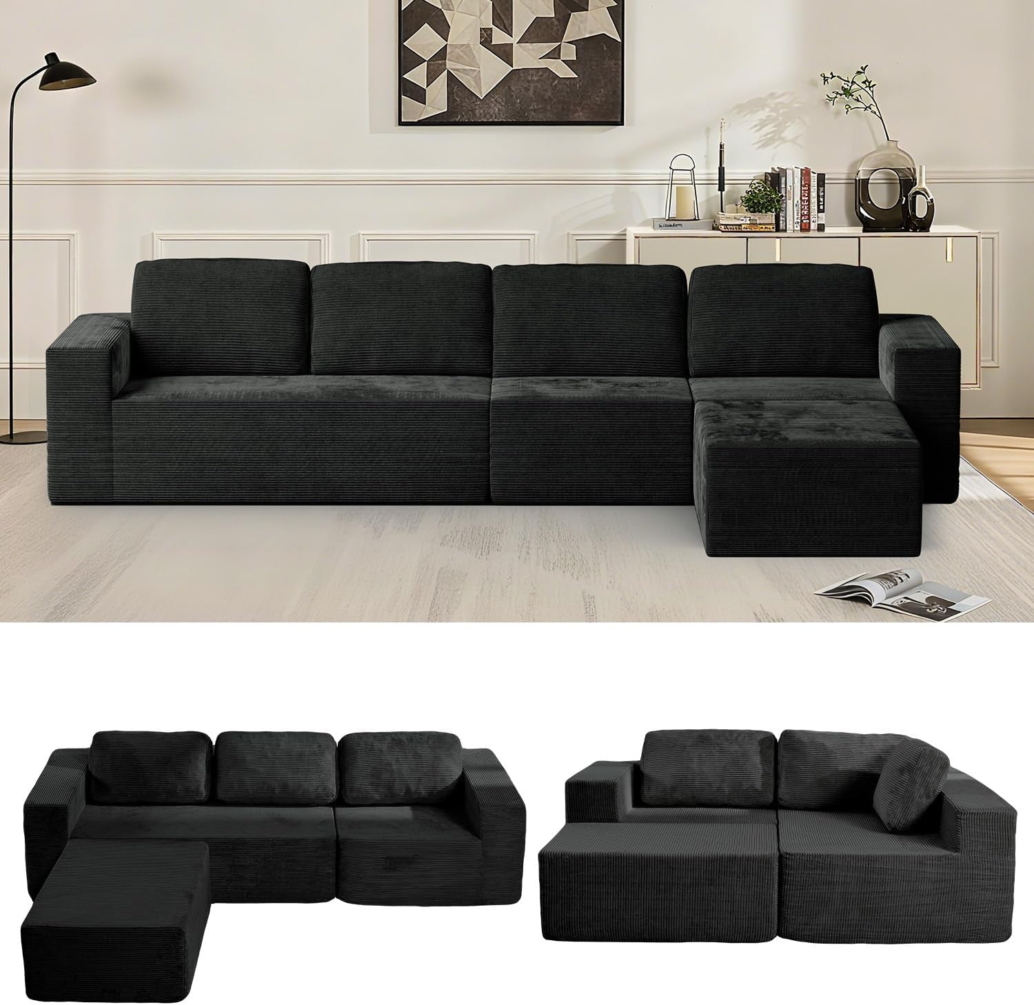 Black modular L-shaped sectional with right-side chaise in a living room; two small alternate arrangement views below.