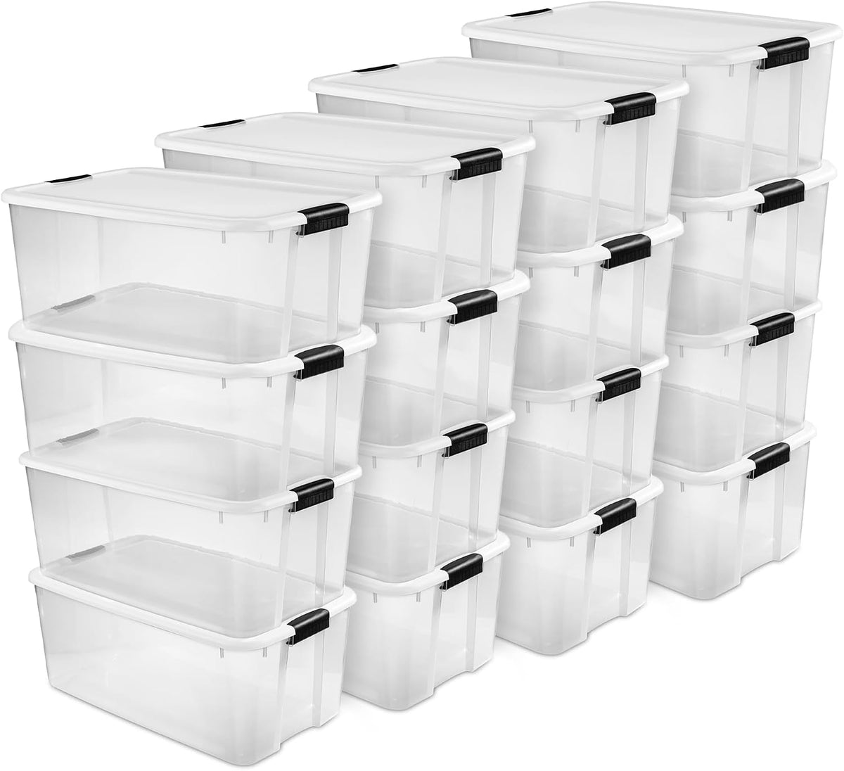 Three columns of clear plastic storage bins with white lids and black latches, stacked staggered.