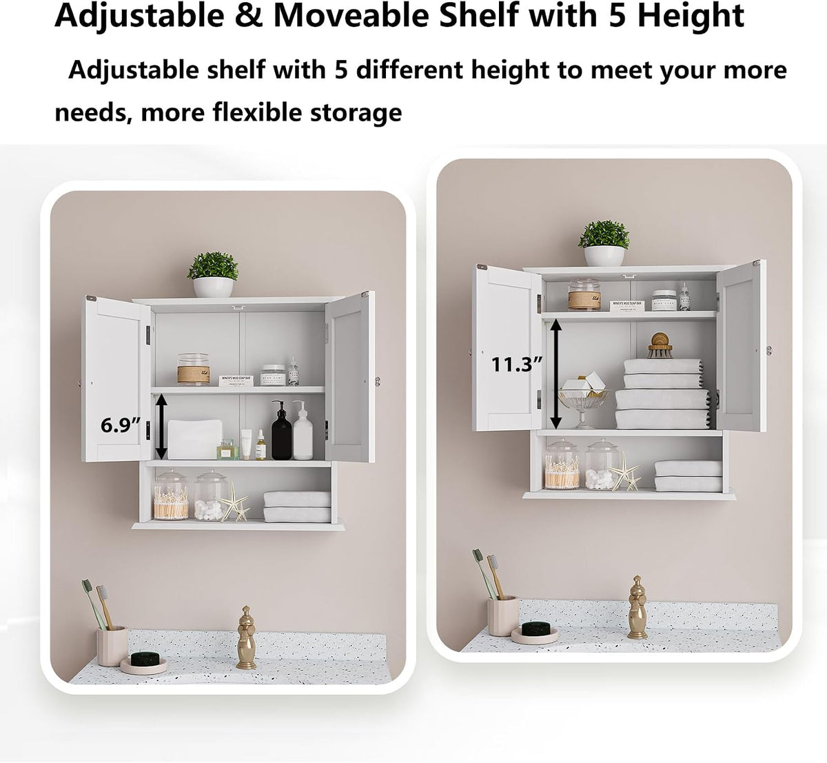 Two side-by-side images of a white wall cabinet with doors open showing different shelf heights and stored toiletries.
