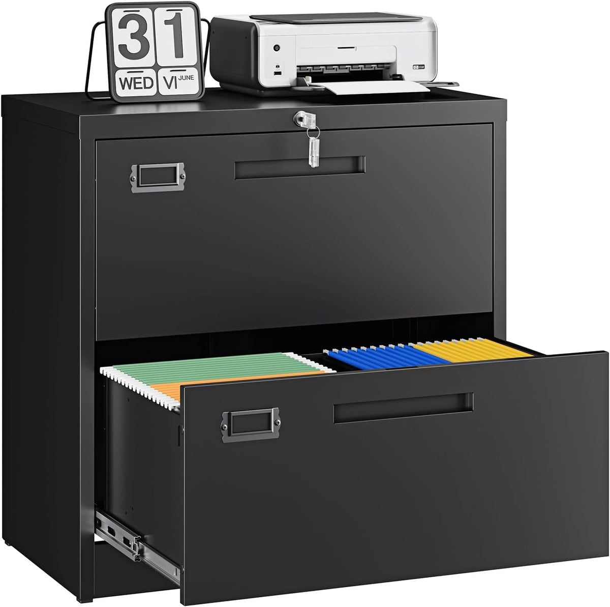 Black metal filing cabinet with top items and the bottom drawer open showing hanging file folders.